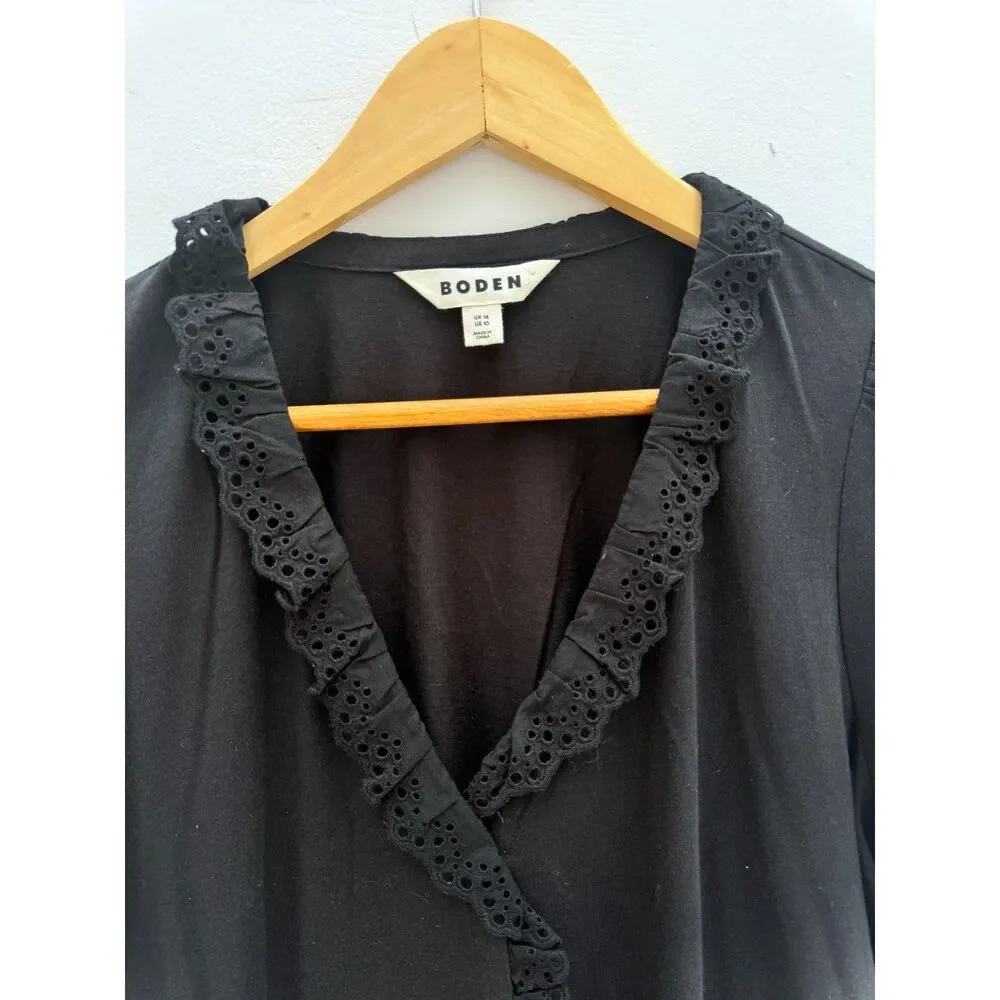 Boden Black Lace Trim Detail Top V-Neck Short Sleeve Size US 10 UK 14